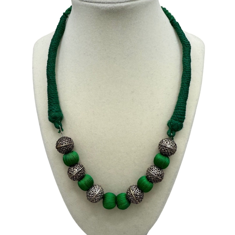 Handmade Green Thread Necklace with Silver-Tone Filigree Beads, Boho Jewelry‎